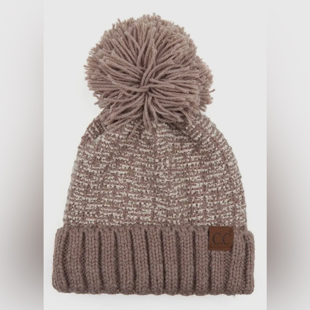 C.C Tweed Style Taupe Beanie with Pom